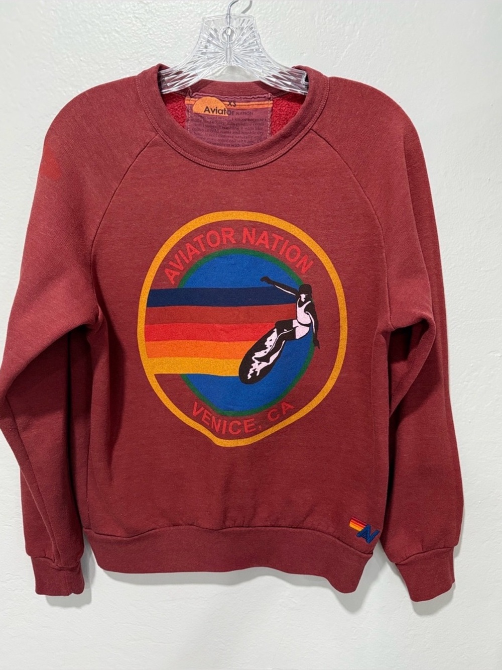 Aviator Nation Venice CA Maroon crewneck sweatshirt with Rainbow Surf